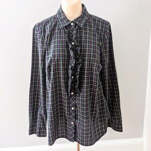 LL Bean Women's Ruffle Front Button Plaid Shirt